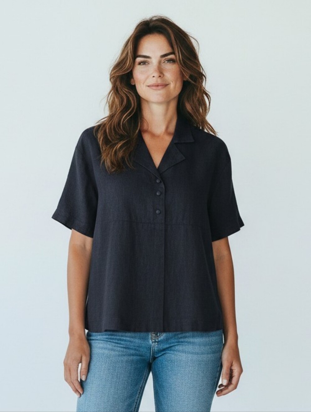 Relaxed Short-Sleeve Button Front Top - Black